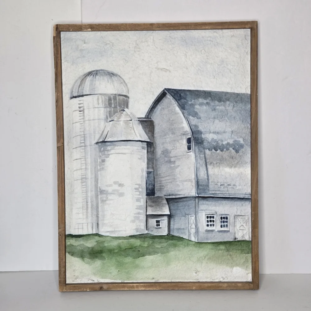 Rustic Farmhouse Barn Watercolor Wall Art Framed Country Silo Painting
